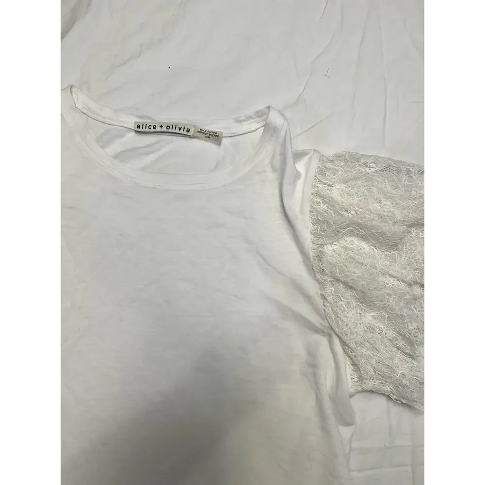 Alice & Olivia White Lace Sleeve Crop Stretchy Romantic Darcelle T-Shirt Medium - Picture 4 of 11